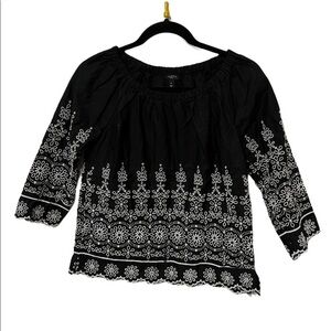 Talbots 3/4 Sleeve Black Top with Embroidered Flowers Size Small Petite